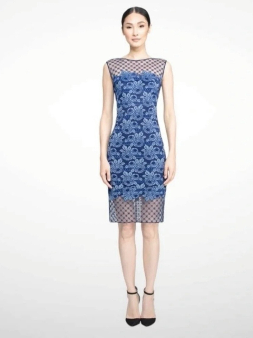 Tadashi Shoji Navy Blue Floral Lace Midi Dress